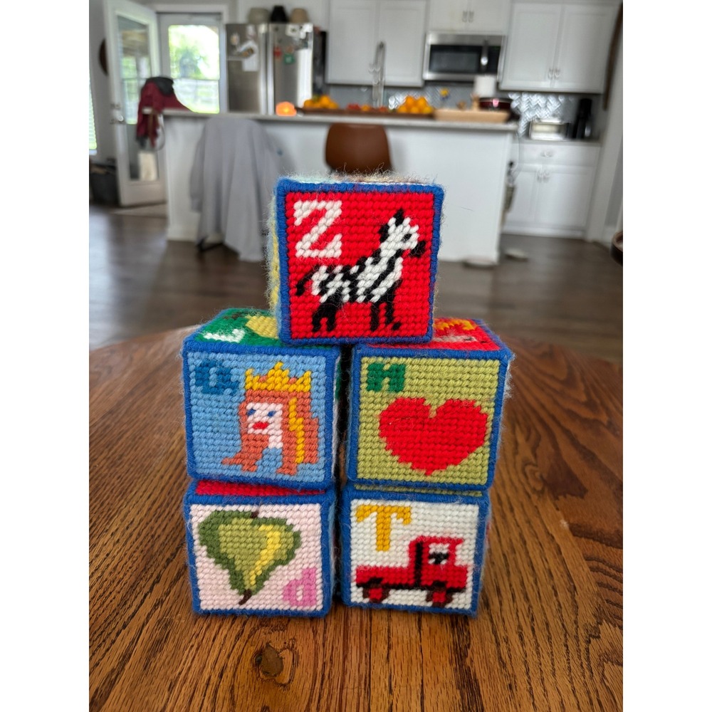 Handmade Alphabet Blocks Jingle Bell Soft Toy Vintage Style 5pc Set